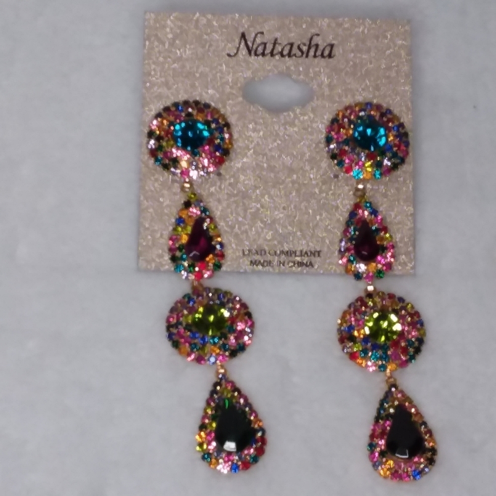 Dangle Pierce Earrings Gold Tone Multi-color Natasha